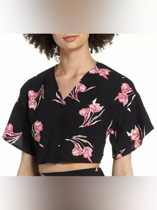 Leith Tops - LEITH Floral Crop Top Black Pink Hawaiian Shirt Blouse Button Down V Neck Flowy